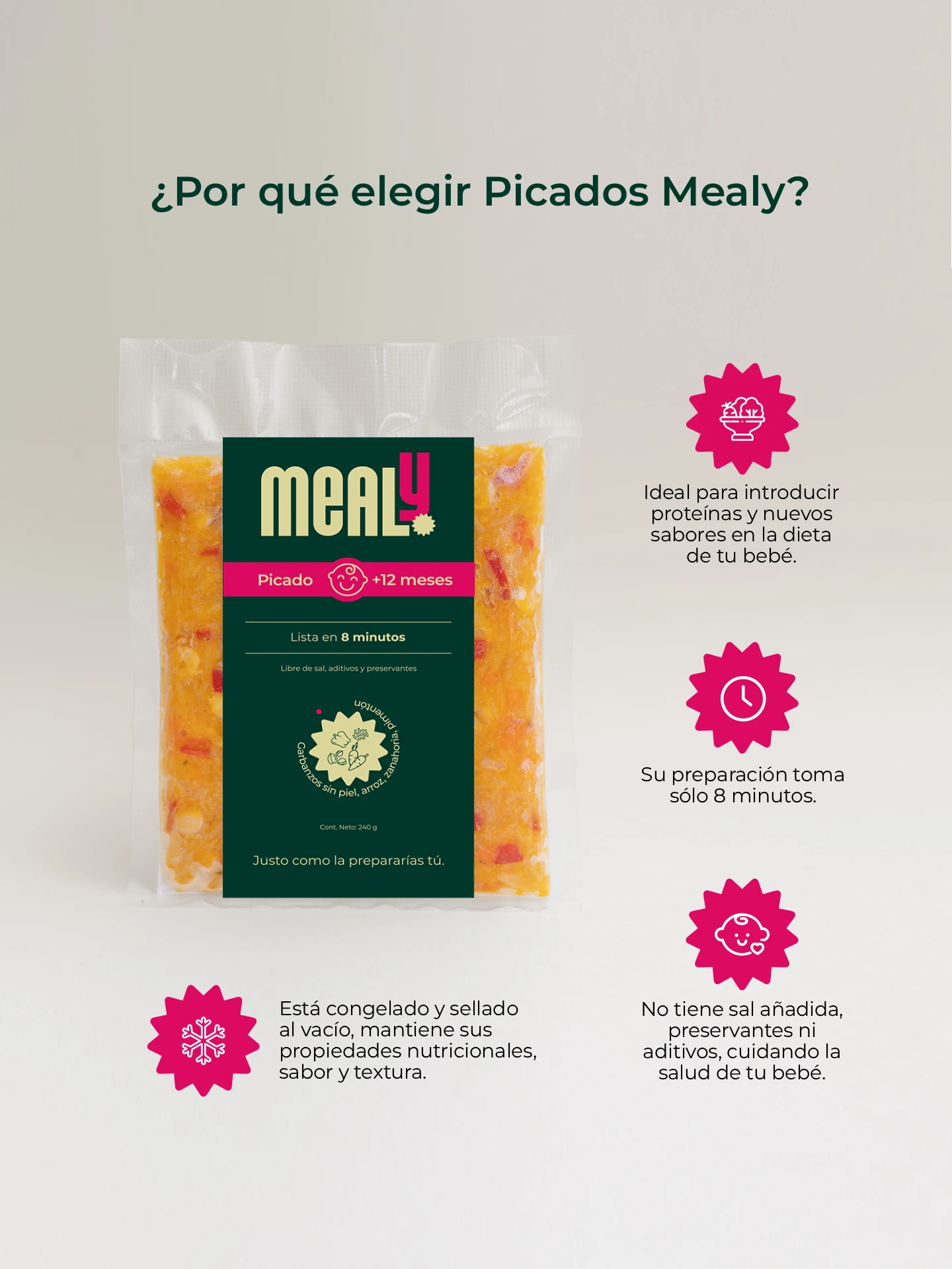 Pack x5 picado de carne, pollo, pavo, lentejas y garbanzos congelados para niños pequeños | natural, sin sal, 240gr | mealy 6 Picado de Garbanzos Mealy